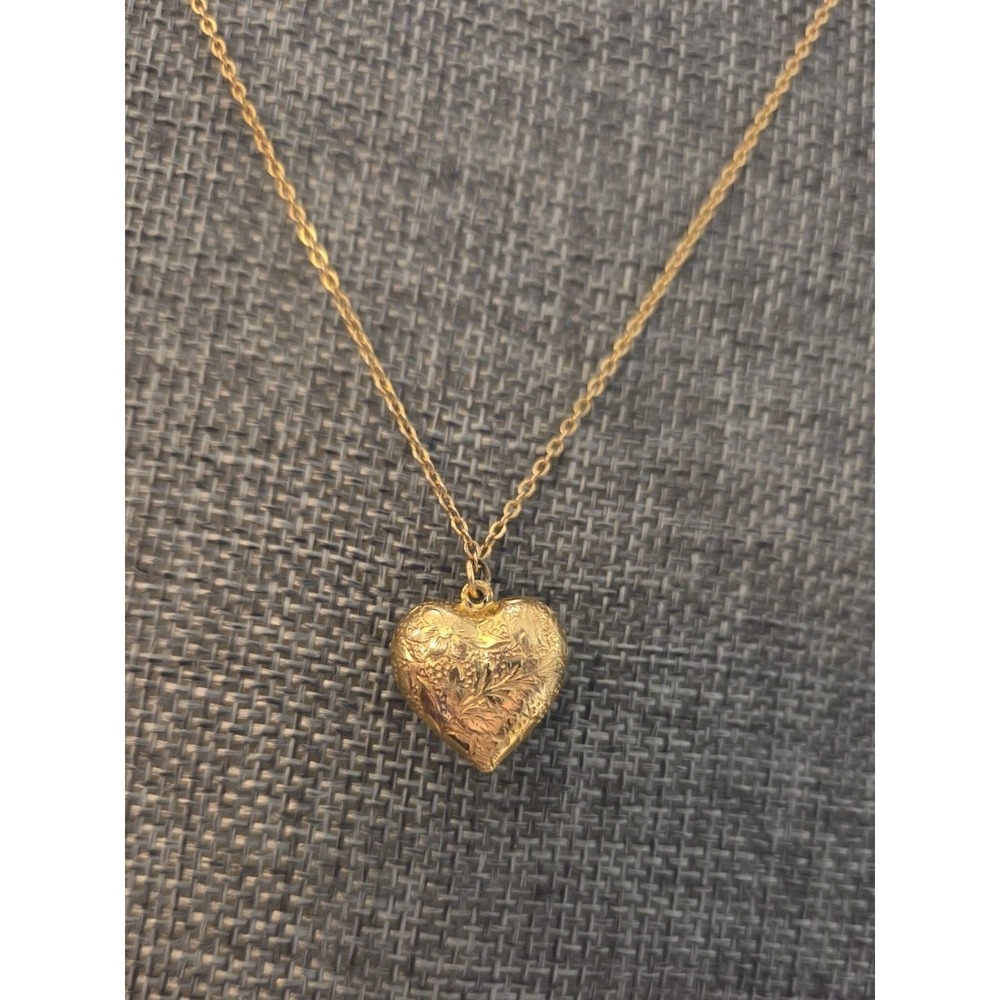 Gold Tone Heart Necklace With Engraved Floral Design 18" Chain - Detailed